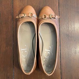 AGL Camel Brandy Woven Leather Flats with Brass Buckle, size EU 37 / USA 7